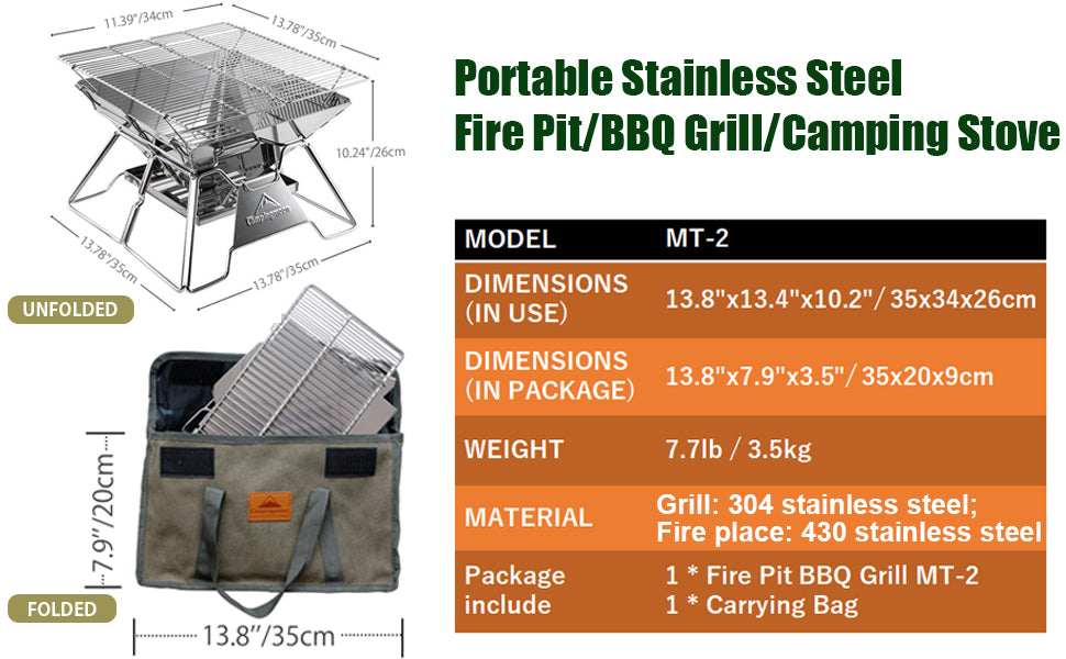 Campingmoon Portable Stainless Steel Camping Fire Pit (MT-2)